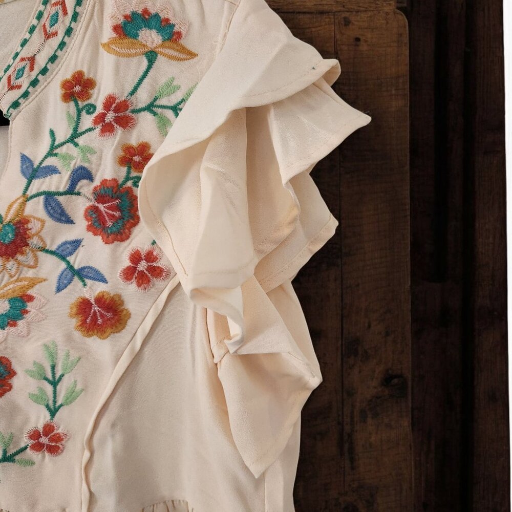 Umgee Embroidery Notched Double Ruffle Sleeve Blouse - Picture 5 of 11